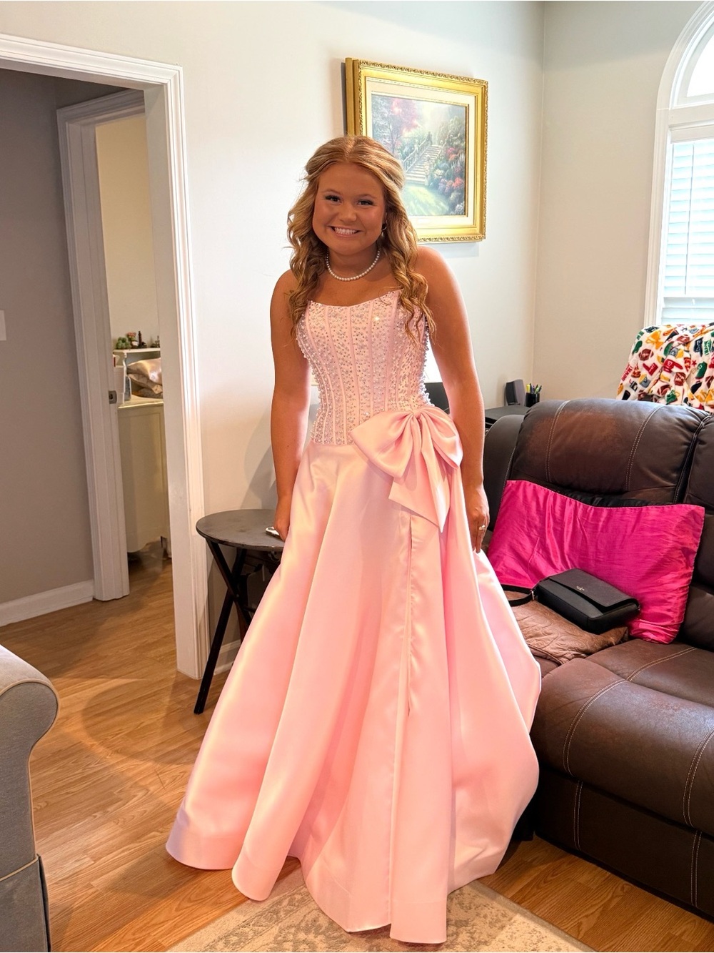 Sherri Hill Pink Beaded Bodice Satin Prom Gown with Side Bow